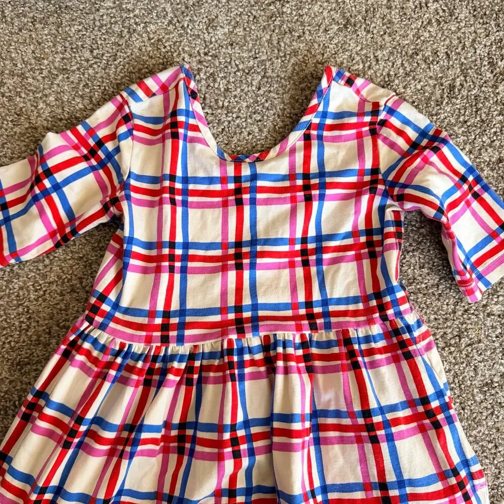 Hanna Andersson Plaid Tiered Skater Dress Size 6-7 Red Blue White